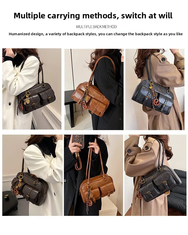 Bolso de hombro retro para mujer | Piel sintética con múltiples bolsillos y colgante desmontable