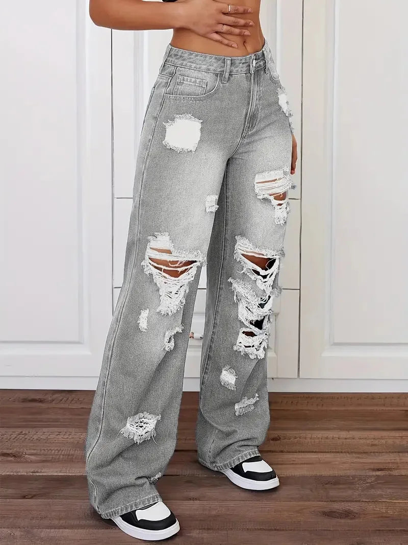 Jeans con roturas para mujer | Pernera ancha, tiro alto, estilo vintage desgastado