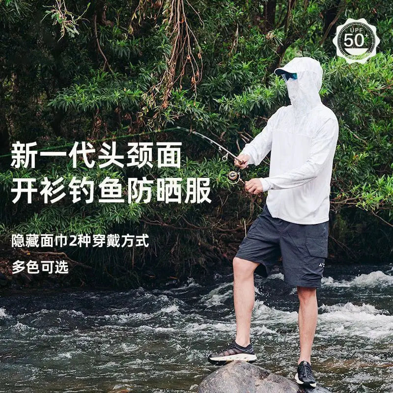 Camiseta ultraligera de verano con estampados de moda y capucha con protección solar UPF y mascarilla integrada; manga larga, transpirable e ideal para pesca con protección UV.