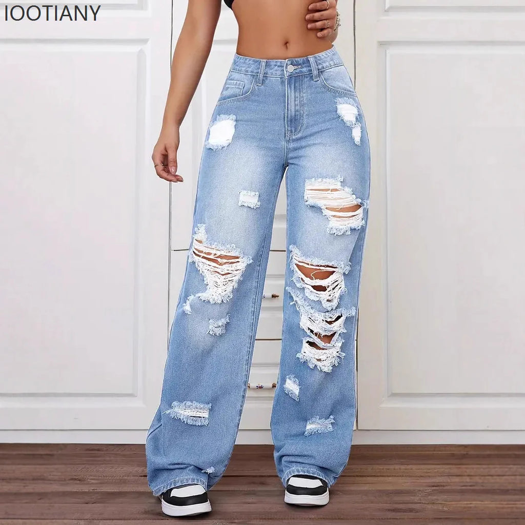 Jeans con roturas para mujer | Pernera ancha, tiro alto, estilo vintage desgastado