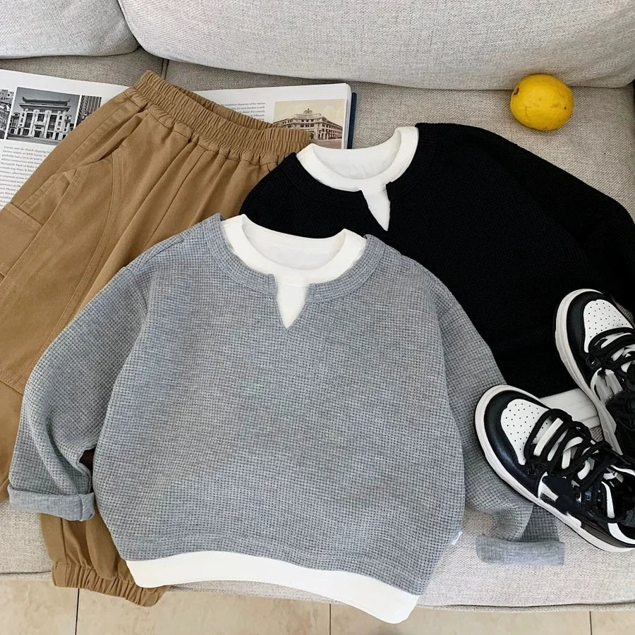 New Autumn Kids Hoodies 1-8Y Boys Waffle-style False Two-piece Sweatshirts Baby Girls O-Neck Loose Casual Tops Children Clothes