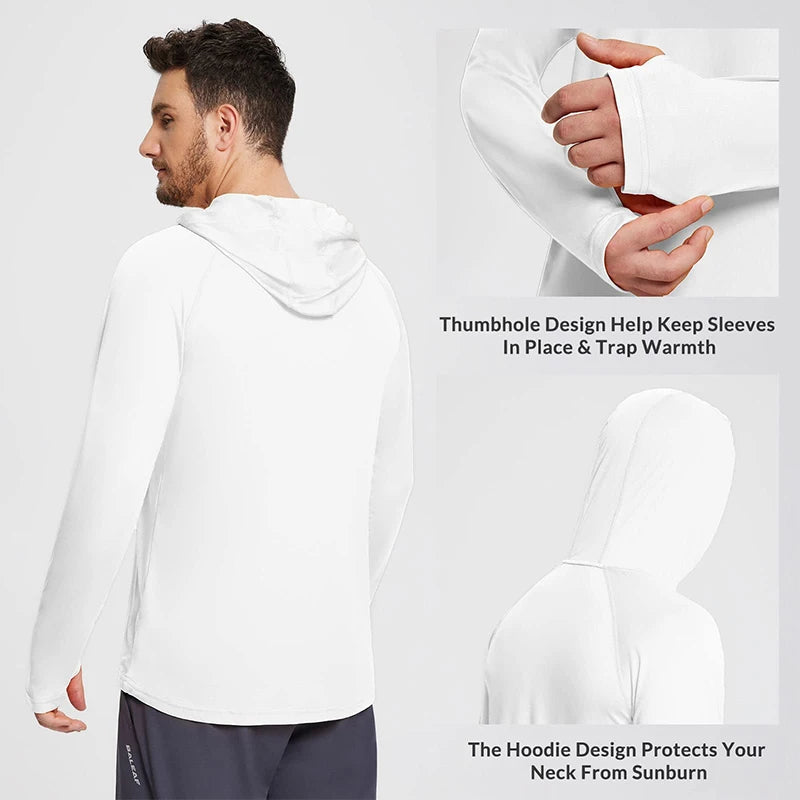 Sudadera con capucha y manga larga para hombre, con protección solar UPF 50+; prenda técnica e informal de secado rápido, ideal para correr o pescar.