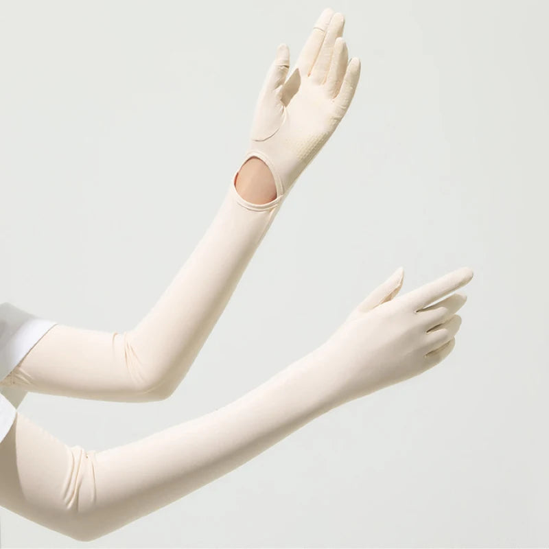 Guantes largos de verano para exteriores con protección UV (UPF50+) y compatibilidad con pantallas táctiles; ideales para conducir, andar en bicicleta y viajes al aire libre.