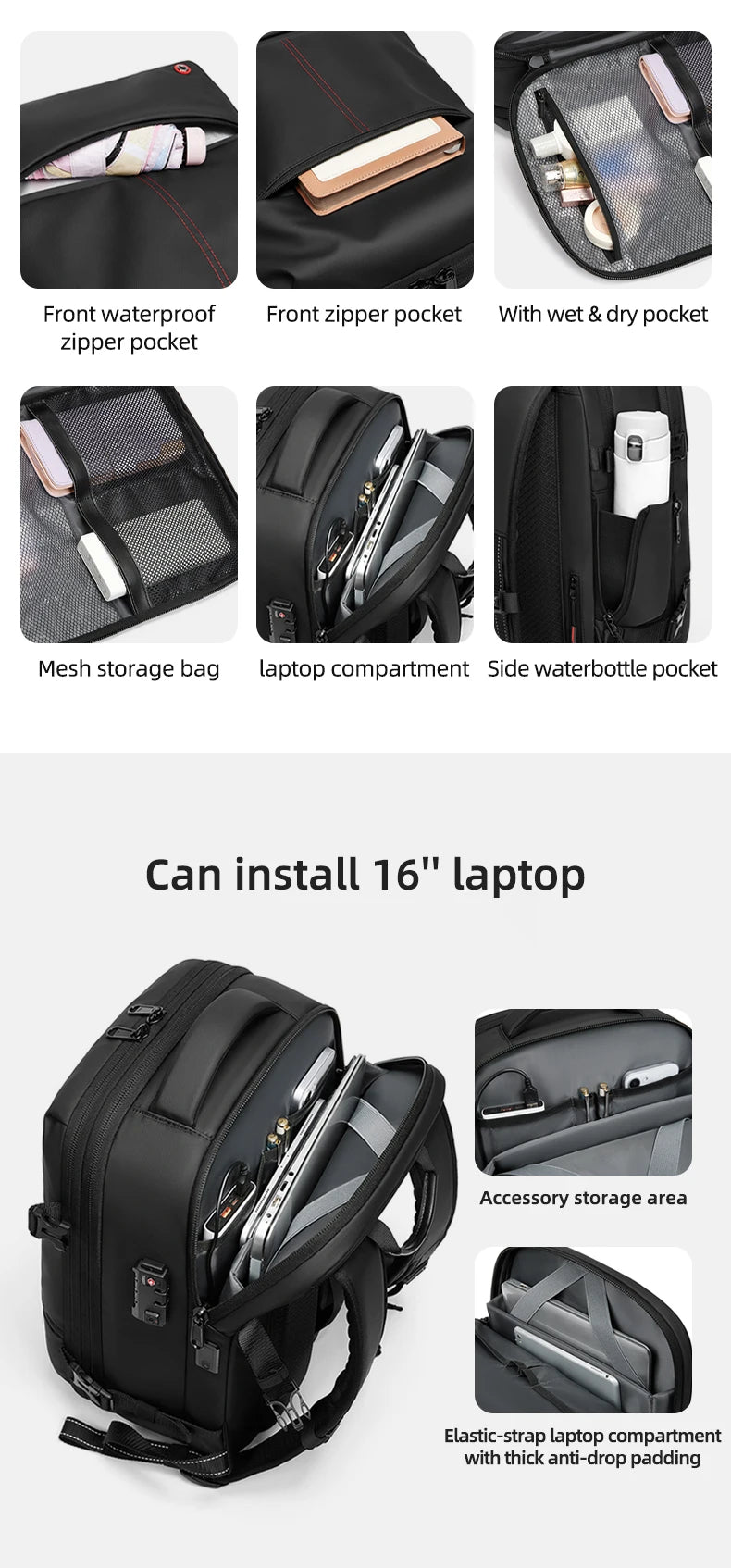 Mochila casual compresión al vacío 40L | Puerto USB, portátil 16” para escuela y viajes