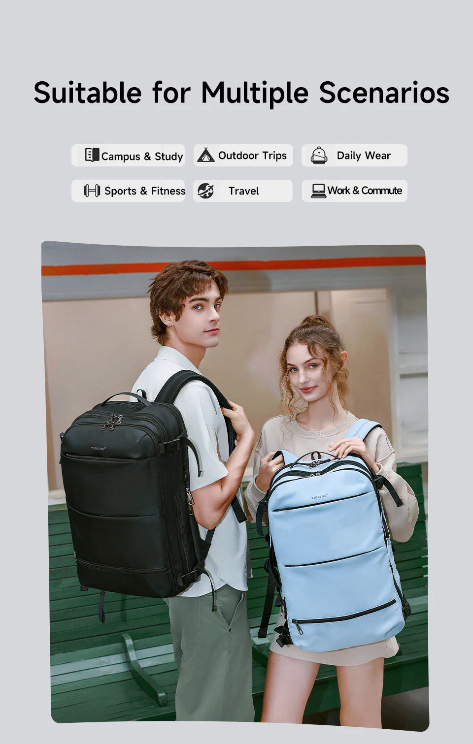 Mochila de viaje compresión al vacío 27–37L unisex | USB, portátil 17” y apta cabina