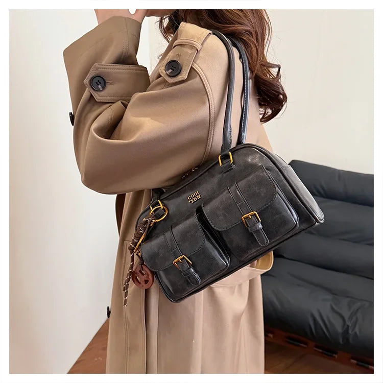 Bolso de hombro retro para mujer | Piel sintética con múltiples bolsillos y colgante desmontable