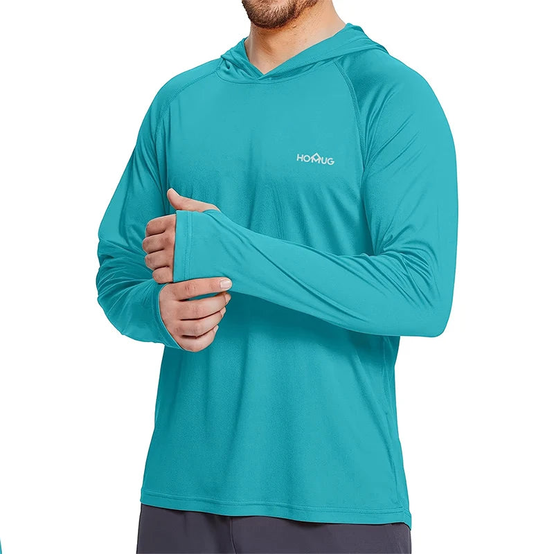 Sudadera con capucha y manga larga para hombre, con protección solar UPF 50+; prenda técnica e informal de secado rápido, ideal para correr o pescar.