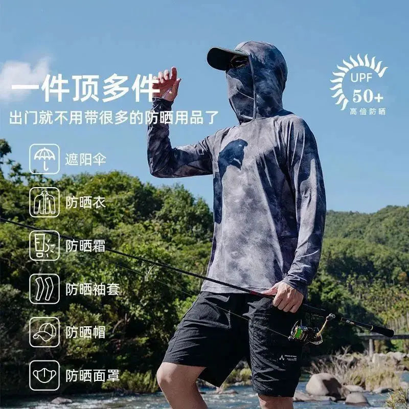 Camiseta ultraligera de verano con estampados de moda y capucha con protección solar UPF y mascarilla integrada; manga larga, transpirable e ideal para pesca con protección UV.