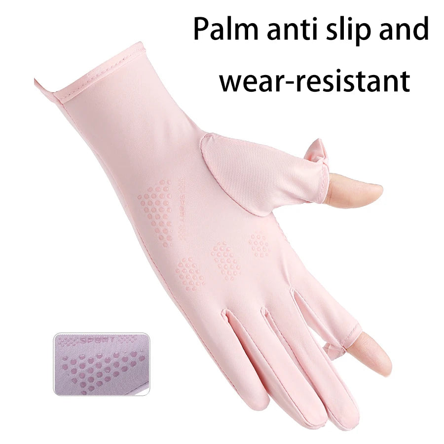 Guantes de verano seda helada anti-UV para mujer | Sin dedos, táctiles y antideslizantes