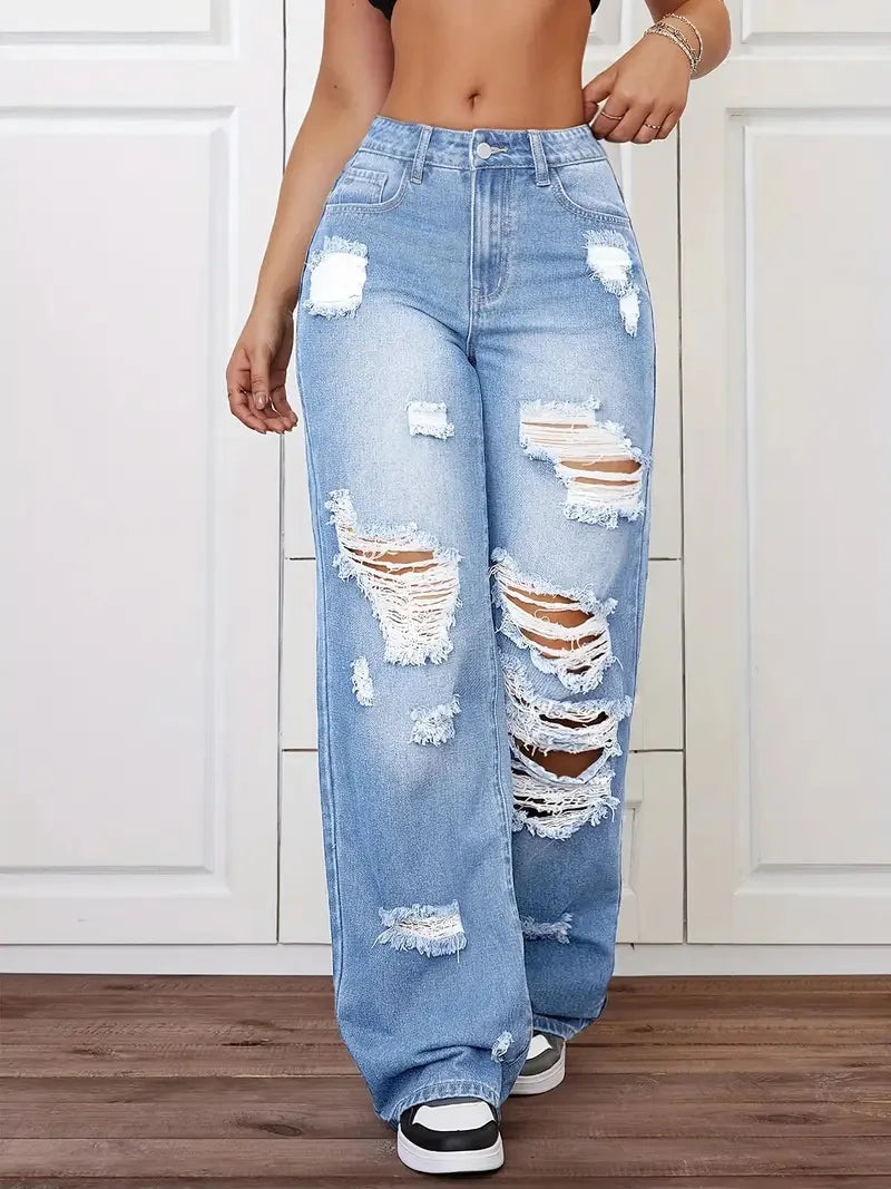 Jeans con roturas para mujer | Pernera ancha, tiro alto, estilo vintage desgastado