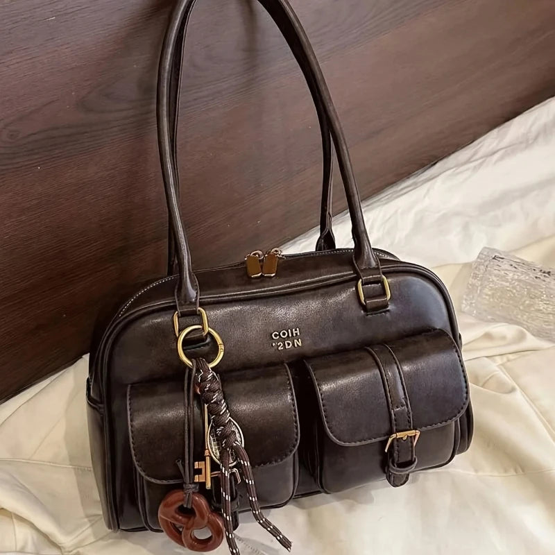 Bolso de hombro retro para mujer | Piel sintética con múltiples bolsillos y colgante desmontable