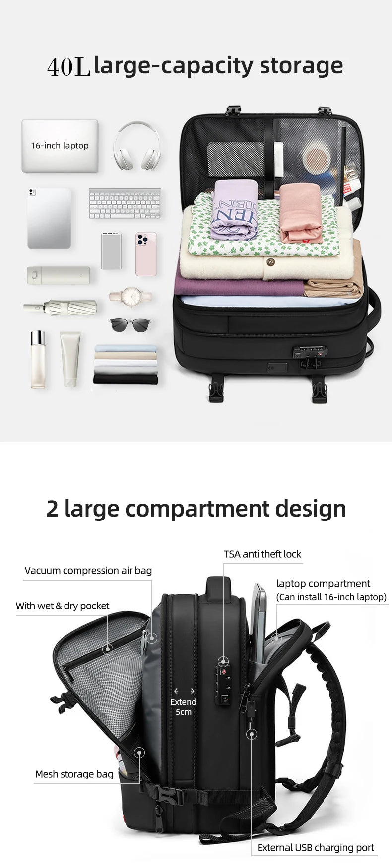 Mochila casual compresión al vacío 40L | Puerto USB, portátil 16” para escuela y viajes