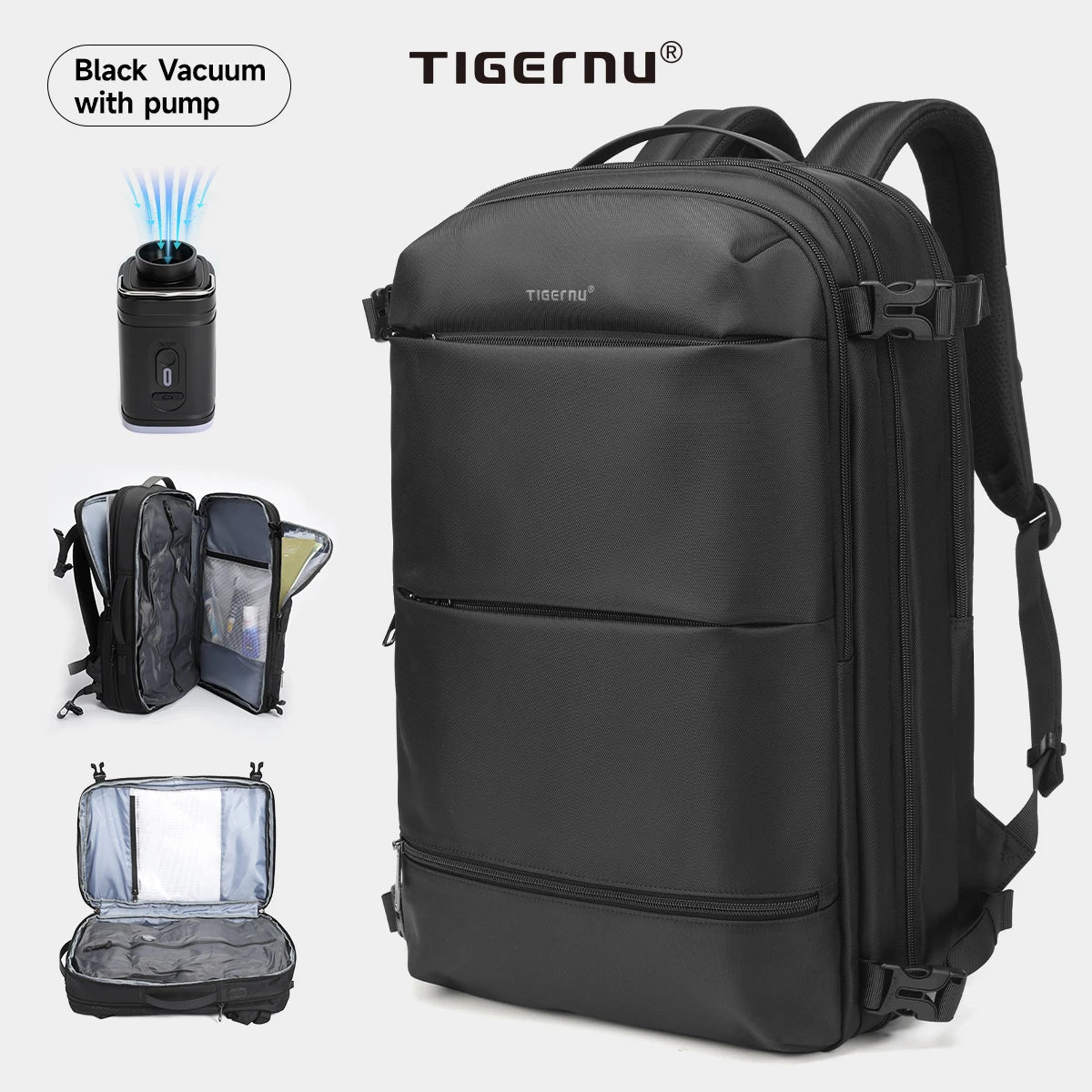Mochila de viaje compresión al vacío 27–37L unisex | USB, portátil 17” y apta cabina