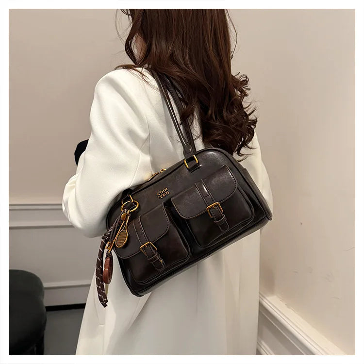 Bolso de hombro retro para mujer | Piel sintética con múltiples bolsillos y colgante desmontable