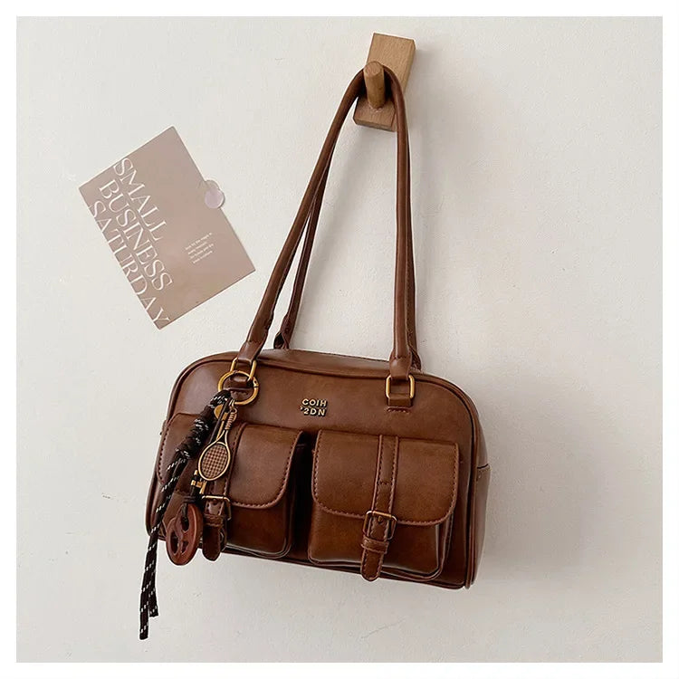 Bolso de hombro retro para mujer | Piel sintética con múltiples bolsillos y colgante desmontable