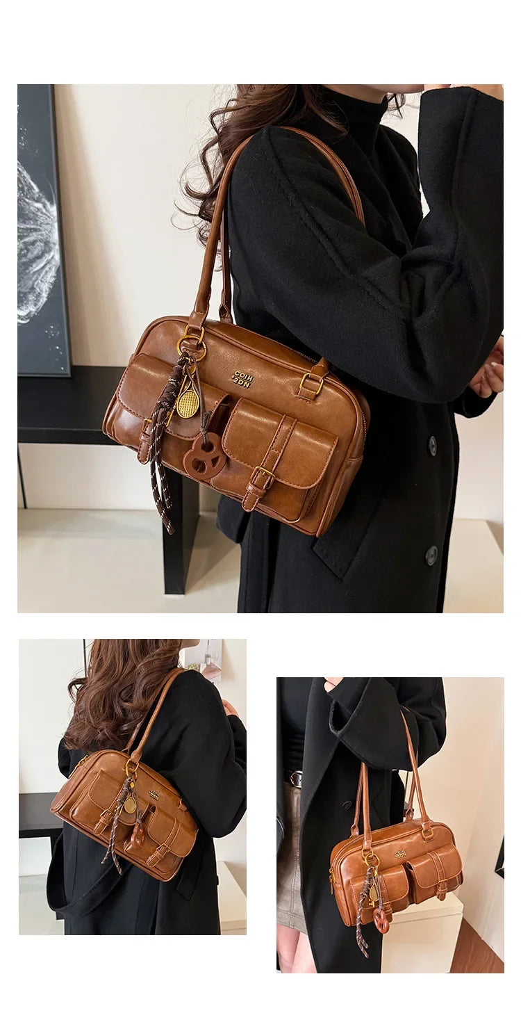 Bolso de hombro retro para mujer | Piel sintética con múltiples bolsillos y colgante desmontable
