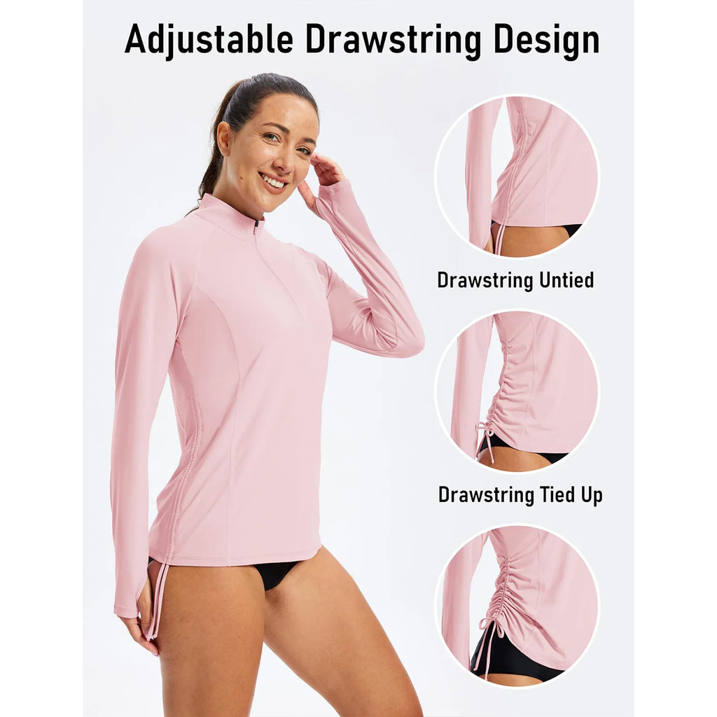 Camiseta para mujer con protección UV UPF50+, manga larga, cremallera corta, cordón lateral, aberturas para los pulgares y tejido transpirable.