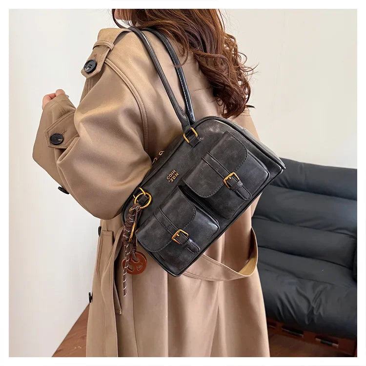 Bolso de hombro retro para mujer | Piel sintética con múltiples bolsillos y colgante desmontable