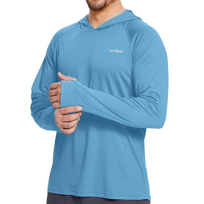 Sudadera con capucha y manga larga para hombre, con protección solar UPF 50+; prenda técnica e informal de secado rápido, ideal para correr o pescar.