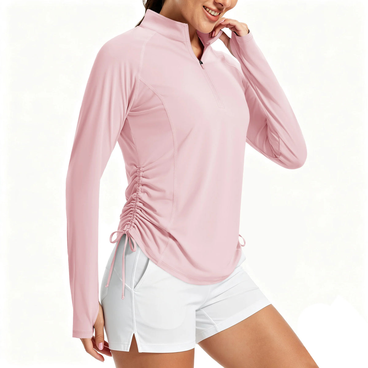 Camiseta para mujer con protección UV UPF50+, manga larga, cremallera corta, cordón lateral, aberturas para los pulgares y tejido transpirable.