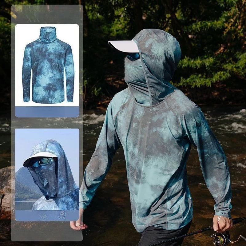 Camiseta ultraligera de verano con estampados de moda y capucha con protección solar UPF y mascarilla integrada; manga larga, transpirable e ideal para pesca con protección UV.