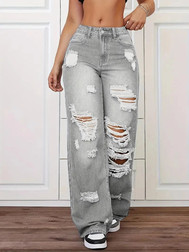 Jeans con roturas para mujer | Pernera ancha, tiro alto, estilo vintage desgastado