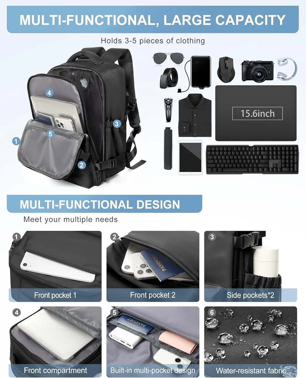 Mochila compresión al vacío apta para cabina 40x20x25 cm | Portátil 15,6” para viajes