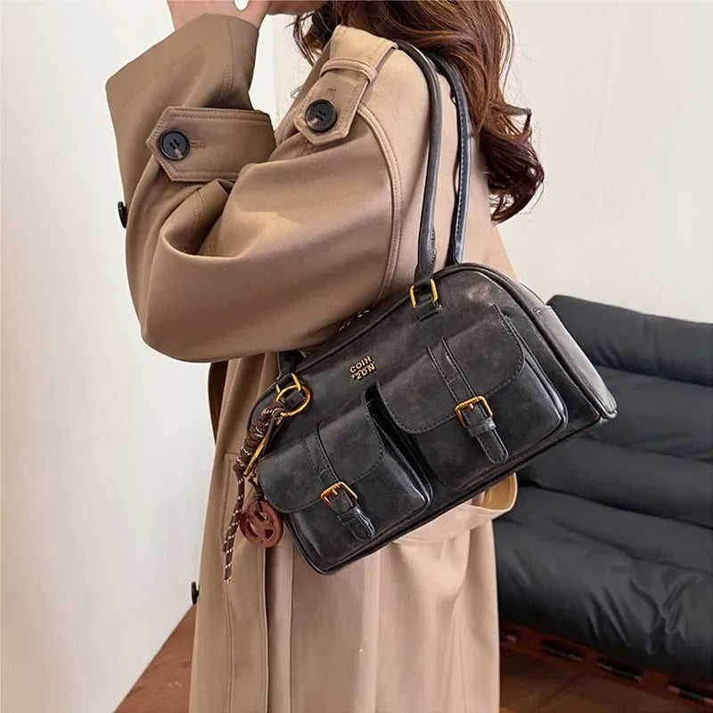 Bolso de hombro retro para mujer | Piel sintética con múltiples bolsillos y colgante desmontable