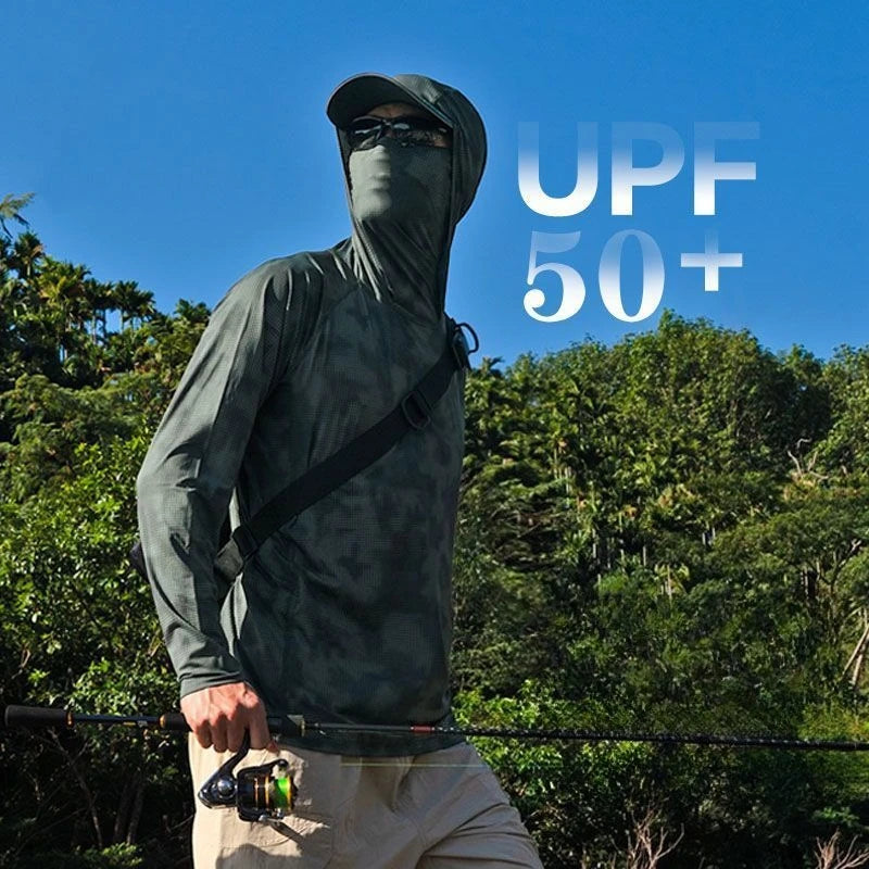 Camiseta ultraligera de verano con estampados de moda y capucha con protección solar UPF y mascarilla integrada; manga larga, transpirable e ideal para pesca con protección UV.