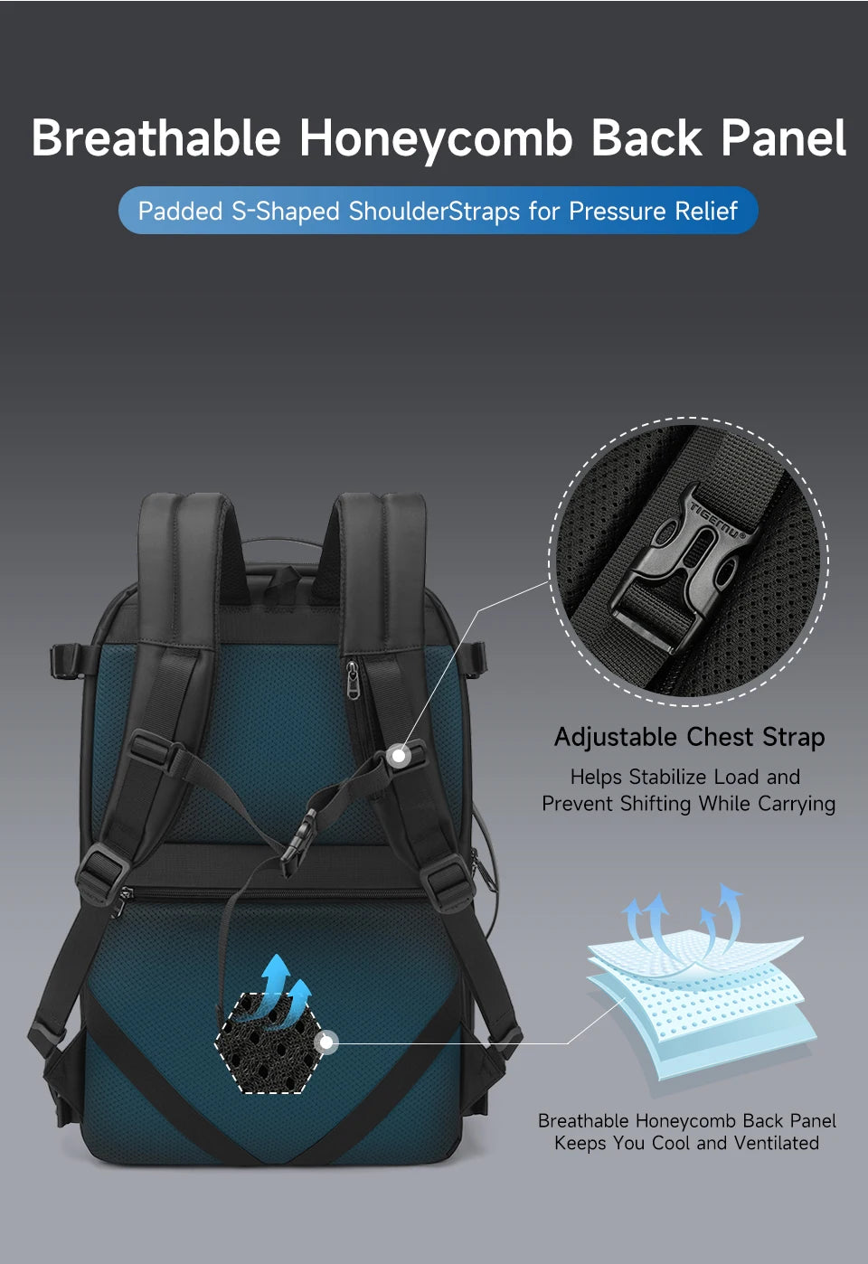 Mochila de viaje compresión al vacío 27–37L unisex | USB, portátil 17” y apta cabina