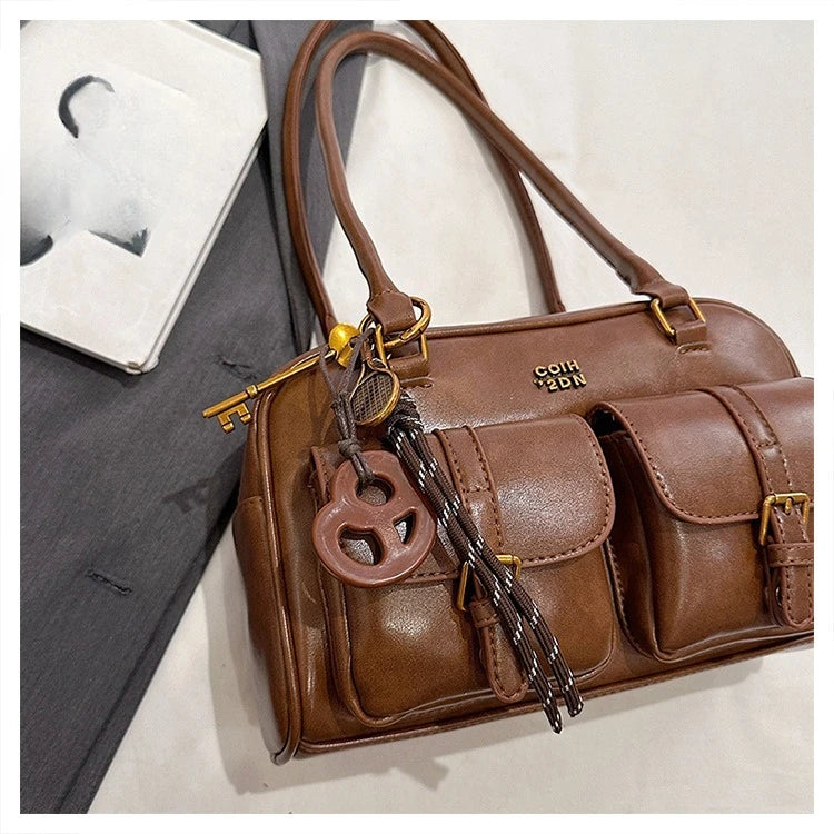Bolso de hombro retro para mujer | Piel sintética con múltiples bolsillos y colgante desmontable