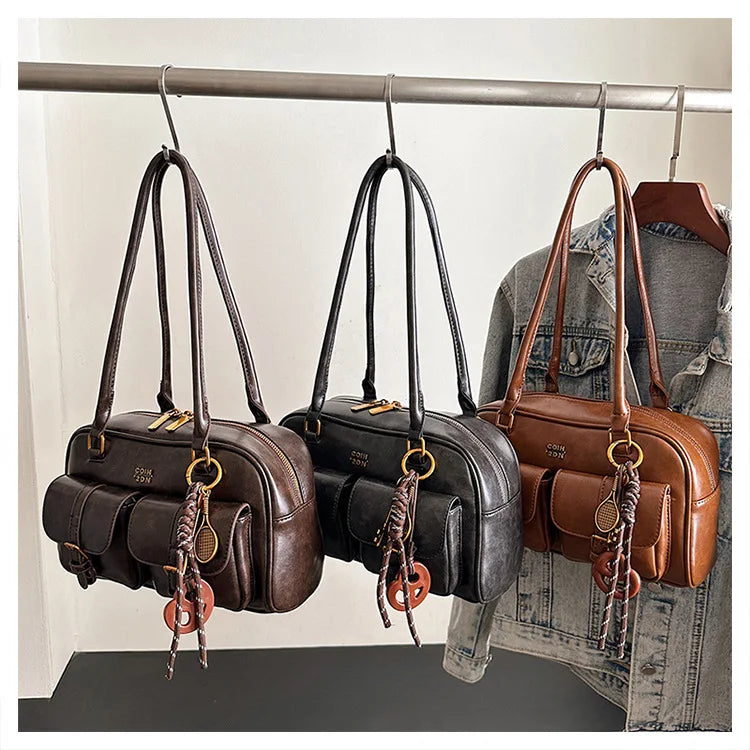 Bolso de hombro retro para mujer | Piel sintética con múltiples bolsillos y colgante desmontable