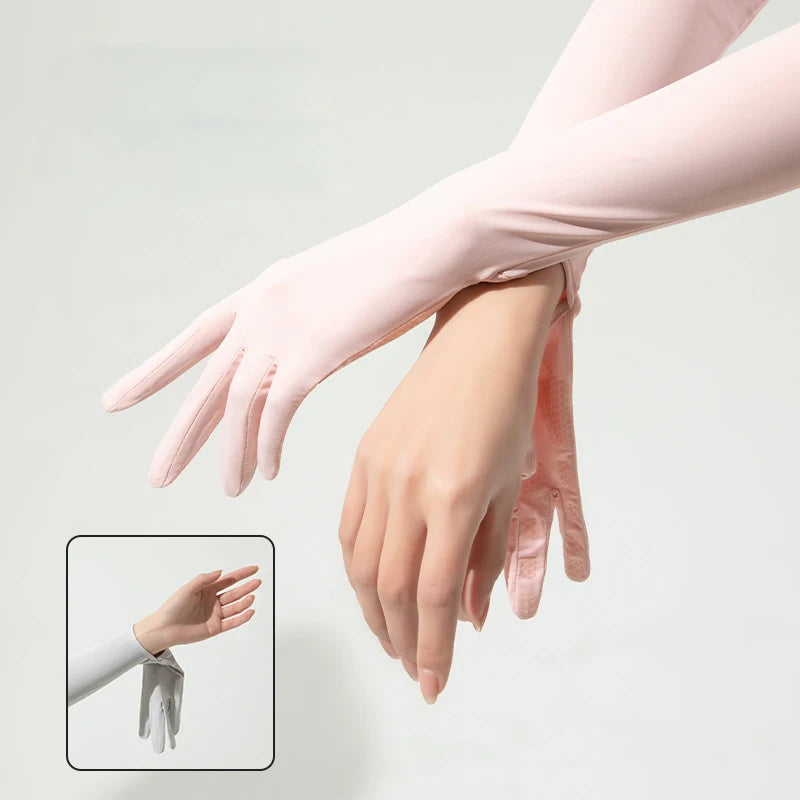Guantes largos de verano para exteriores con protección UV (UPF50+) y compatibilidad con pantallas táctiles; ideales para conducir, andar en bicicleta y viajes al aire libre.