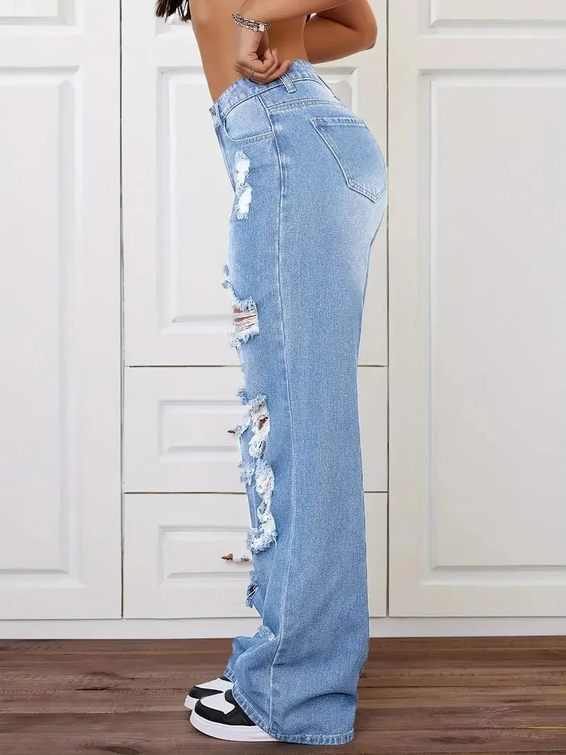 Jeans con roturas para mujer | Pernera ancha, tiro alto, estilo vintage desgastado