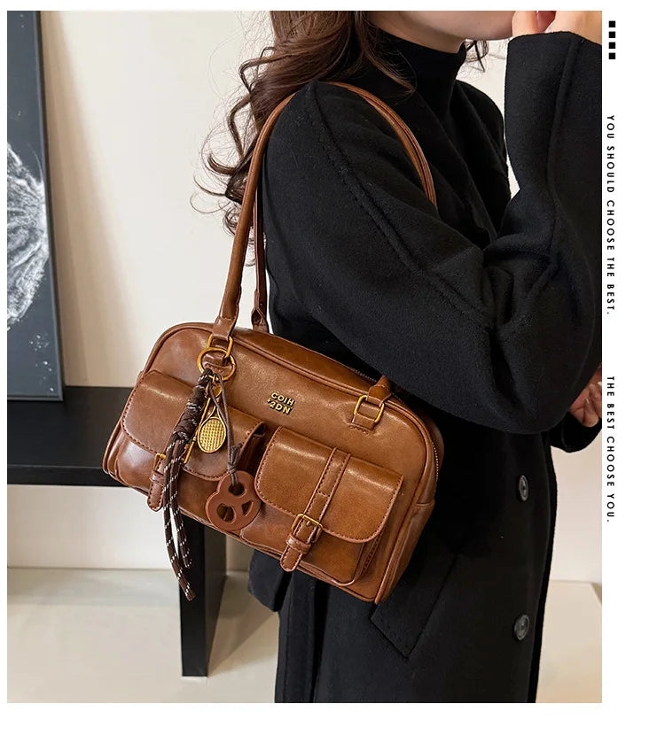 Bolso de hombro retro para mujer | Piel sintética con múltiples bolsillos y colgante desmontable