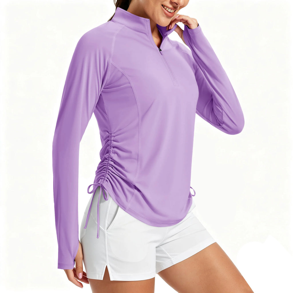 Camiseta para mujer con protección UV UPF50+, manga larga, cremallera corta, cordón lateral, aberturas para los pulgares y tejido transpirable.