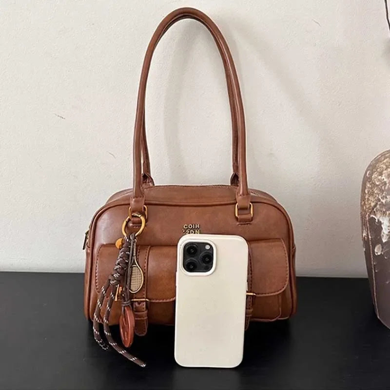 Bolso de hombro retro para mujer | Piel sintética con múltiples bolsillos y colgante desmontable