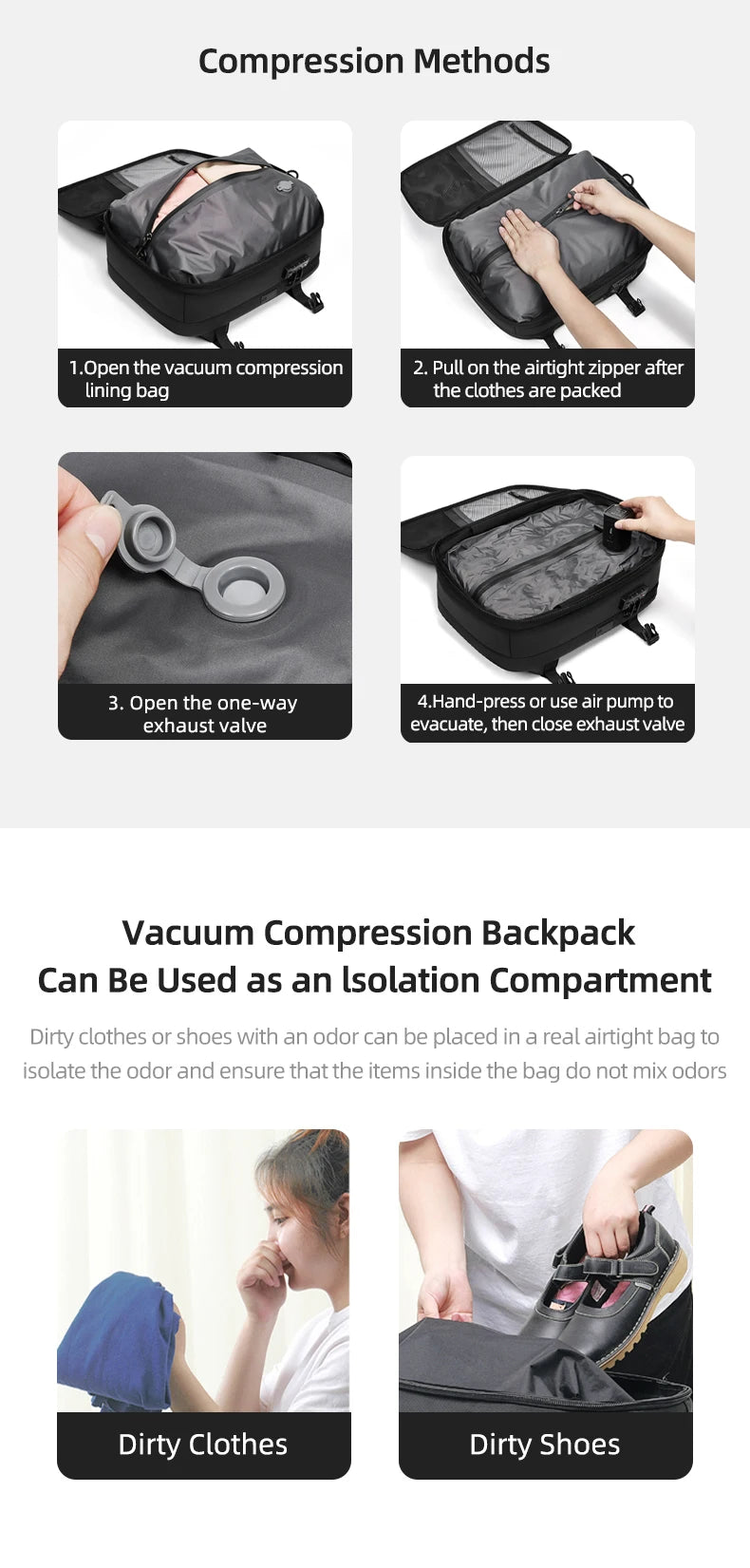 Mochila casual compresión al vacío 40L | Puerto USB, portátil 16” para escuela y viajes