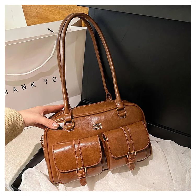 Bolso de hombro retro para mujer | Piel sintética con múltiples bolsillos y colgante desmontable