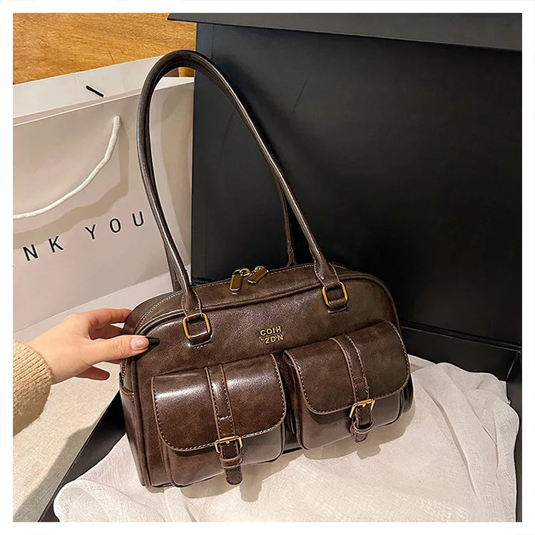 Bolso de hombro retro para mujer | Piel sintética con múltiples bolsillos y colgante desmontable