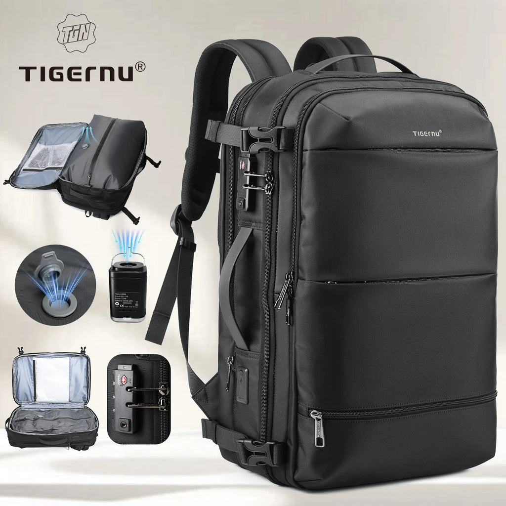 Mochila de viaje compresión al vacío 27–37L unisex | USB, portátil 17” y apta cabina