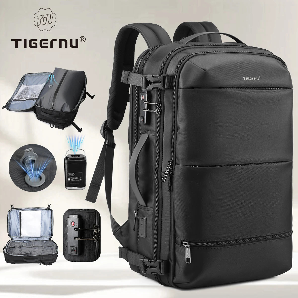 Mochila de viaje compresión al vacío 27–37L unisex | USB, portátil 17” y apta cabina