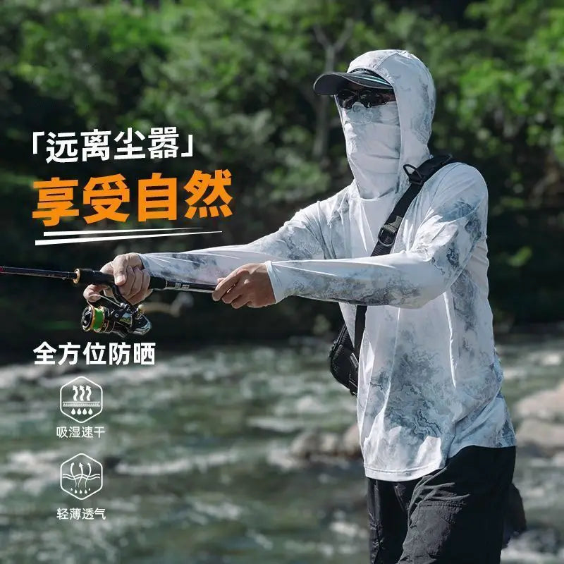 Camiseta ultraligera de verano con estampados de moda y capucha con protección solar UPF y mascarilla integrada; manga larga, transpirable e ideal para pesca con protección UV.