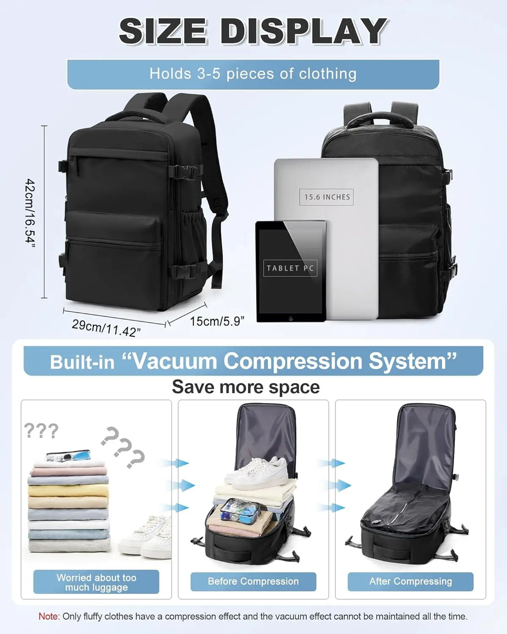 Mochila compresión al vacío apta para cabina 40x20x25 cm | Portátil 15,6” para viajes