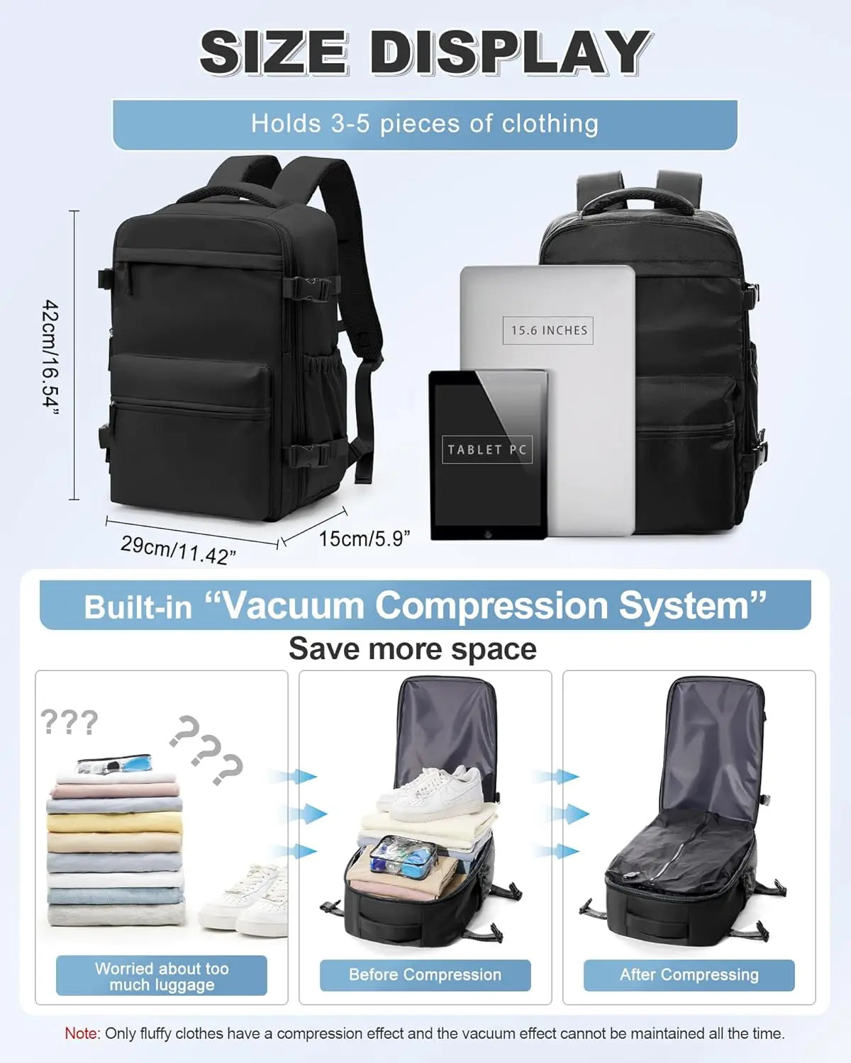 Mochila compresión al vacío apta para cabina 40x20x25 cm | Portátil 15,6” para viajes