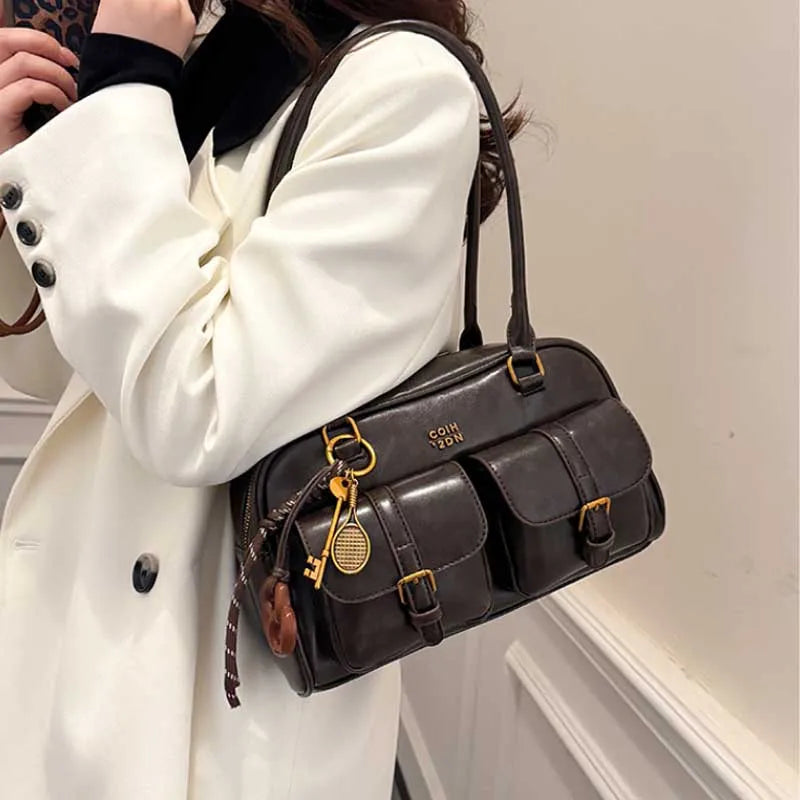 Bolso de hombro retro para mujer | Piel sintética con múltiples bolsillos y colgante desmontable