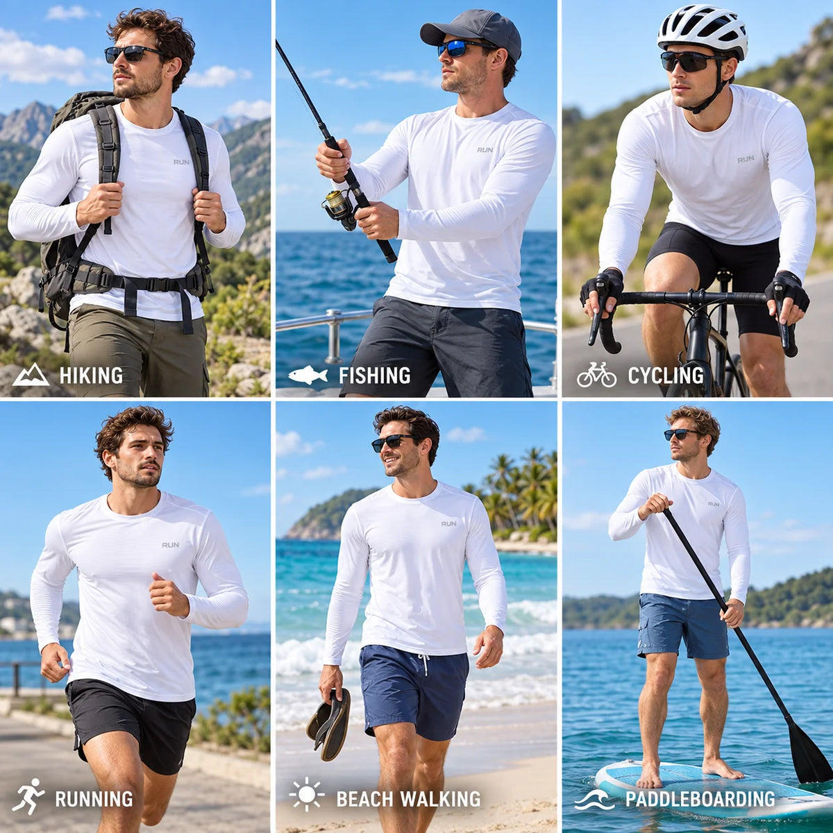 Camiseta de manga larga para hombre con protección solar UPF 50+; ideal para natación, pesca, senderismo y correr; tejido de secado rápido y ligero.