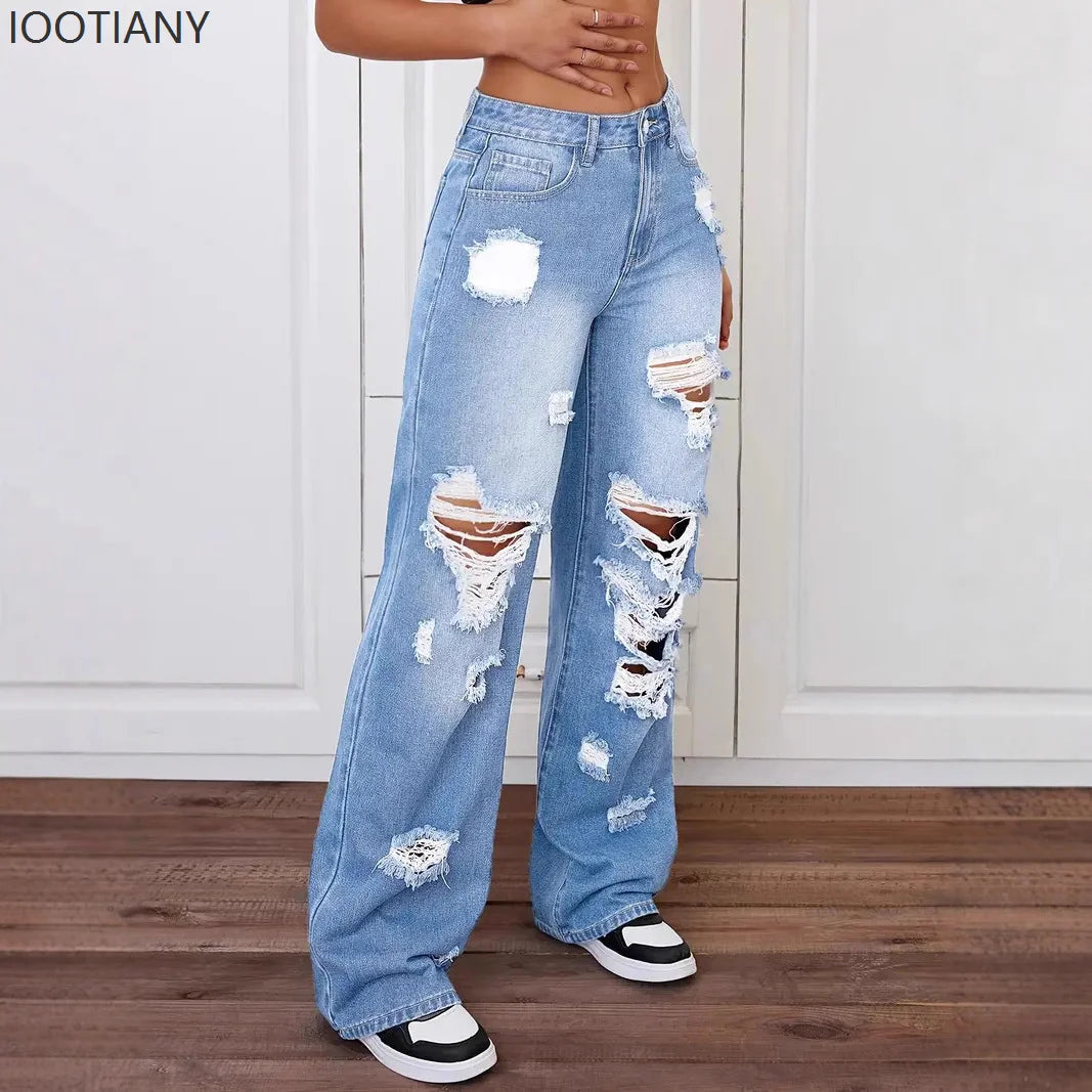 Jeans con roturas para mujer | Pernera ancha, tiro alto, estilo vintage desgastado