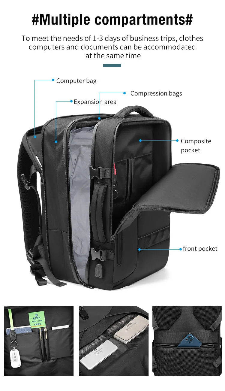 Mochila de viaje con compresión al vacío 60L | Puerto USB y compartimento para portátil