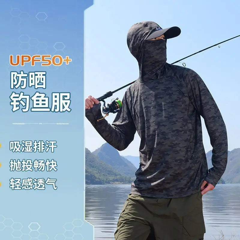 Camiseta ultraligera de verano con estampados de moda y capucha con protección solar UPF y mascarilla integrada; manga larga, transpirable e ideal para pesca con protección UV.